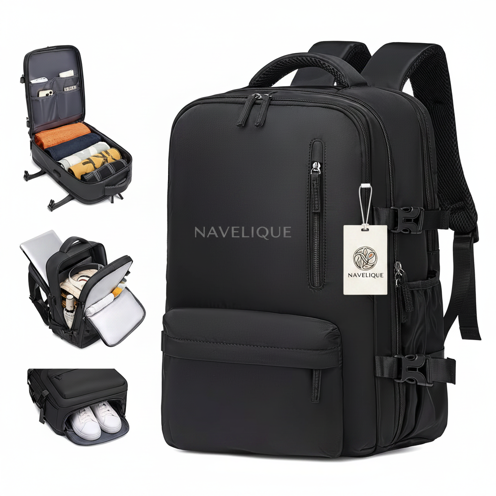 Navelique Black Backpack - Tag and Centered Name