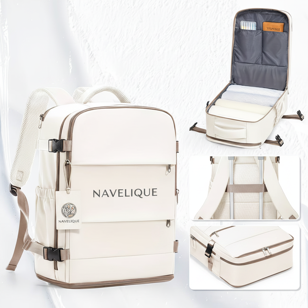 Navelique Cabin Backpack Beige - Tag and Centered Name