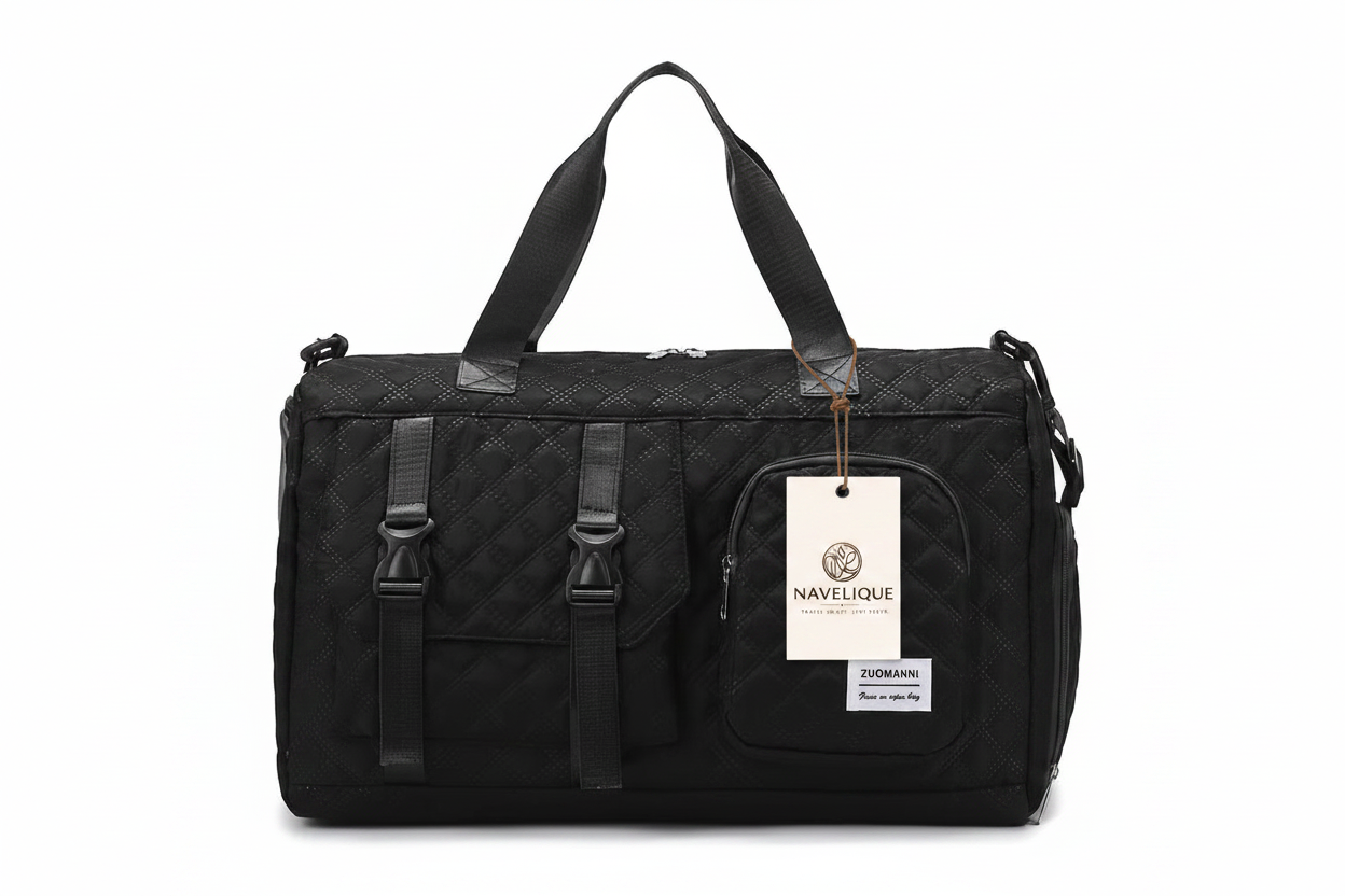 Navelique Hang Tag on Black Duffle Bag