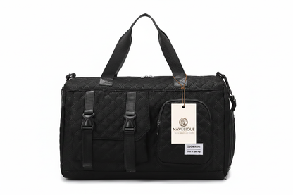 Navelique Hang Tag on Black Duffle Bag