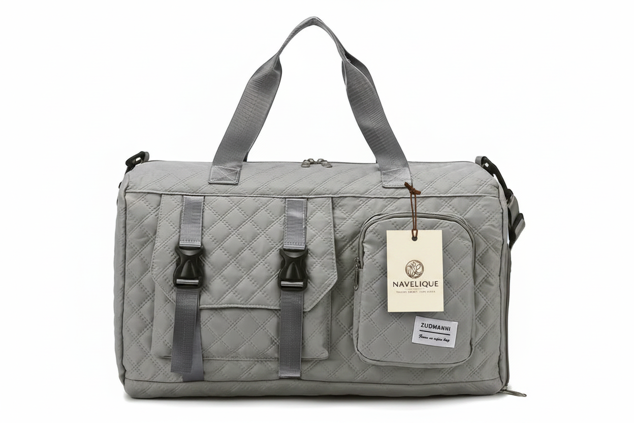 Navelique Hang Tag on Grey Duffle Bag