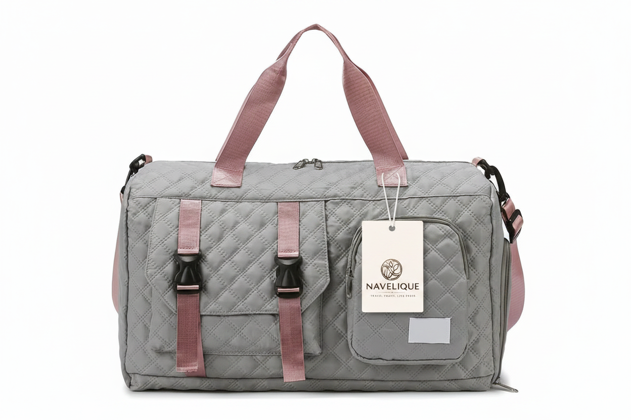 Navelique Hang Tag on Grey Pink Duffle Bag