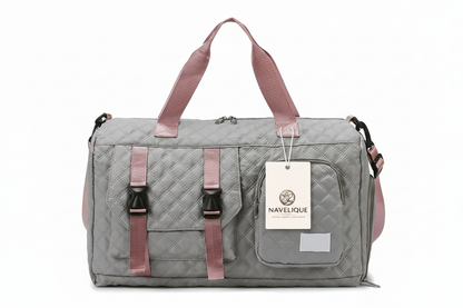 Navelique Hang Tag on Grey Pink Duffle Bag