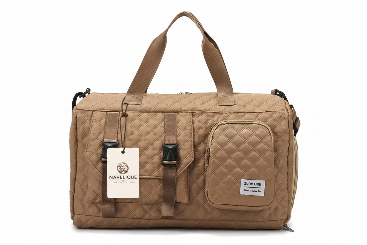 Navelique Hang Tag on Khaki Duffle Bag