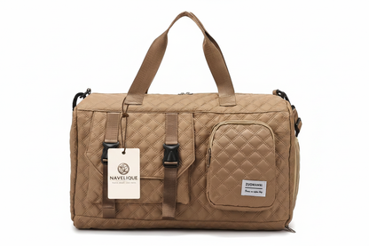 Navelique Hang Tag on Khaki Duffle Bag