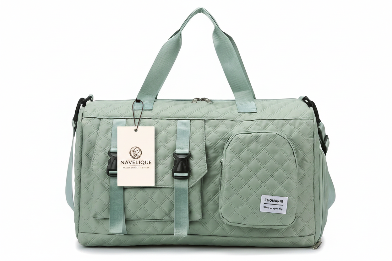 Navelique Hang Tag on Mint Green Duffle Bag