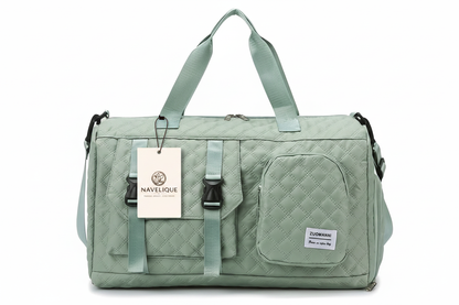 Navelique Hang Tag on Mint Green Duffle Bag
