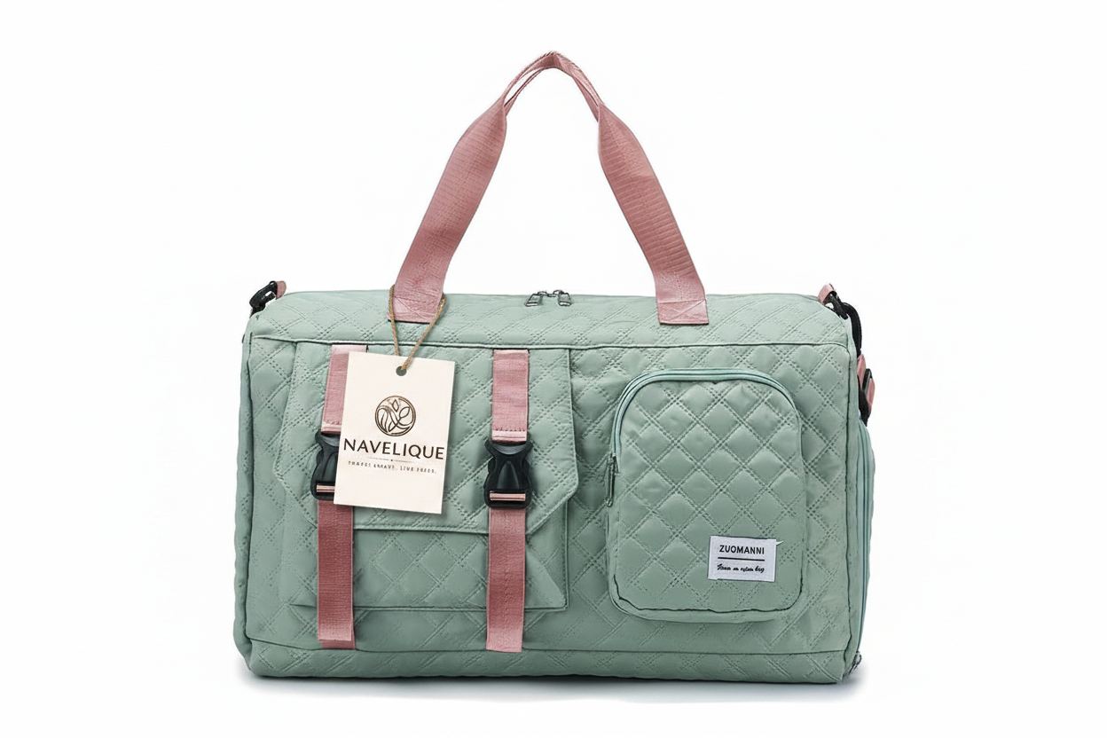 Navelique Hang Tag on Mint Green Pink Duffle Bag