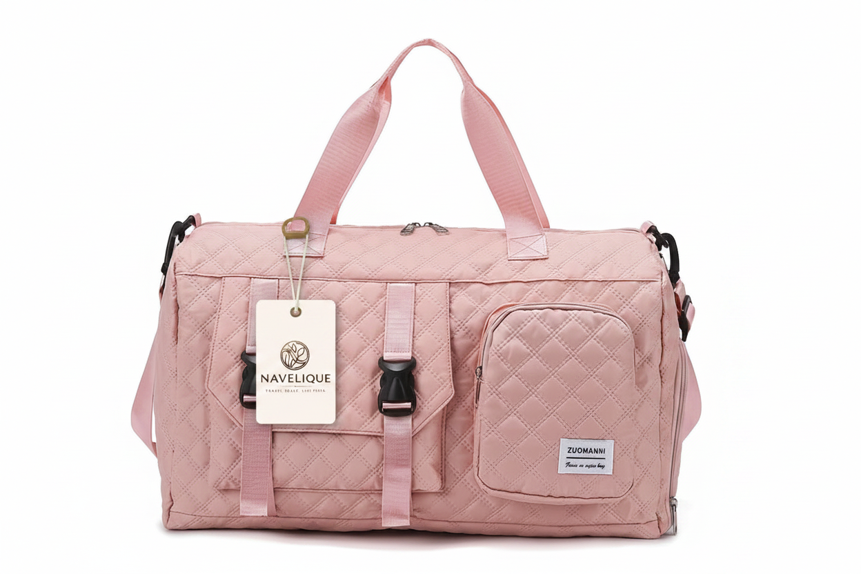 Navelique Hang Tag on Pink Duffle Bag
