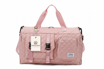 Navelique Hang Tag on Pink Duffle Bag
