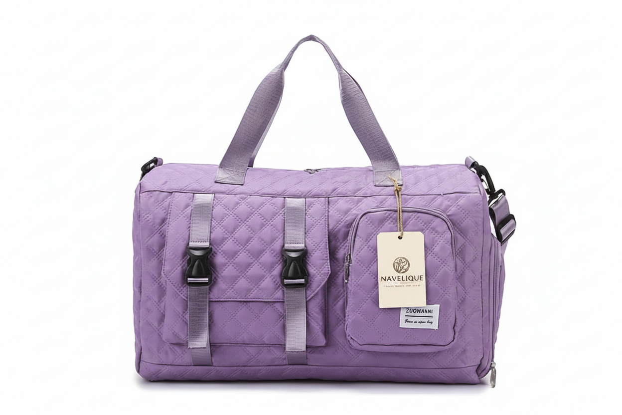 Navelique Hang Tag on Purple Duffle Bag
