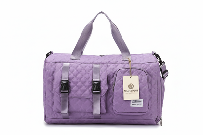 Navelique Hang Tag on Purple Duffle Bag