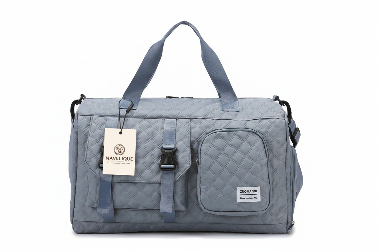 Navelique Hang Tag on Steel Blue Duffle Bag