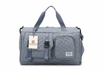 Navelique Hang Tag on Steel Blue Duffle Bag